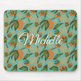 Watercolor Orange Turquoise Botanical Personalised Mouse Pad