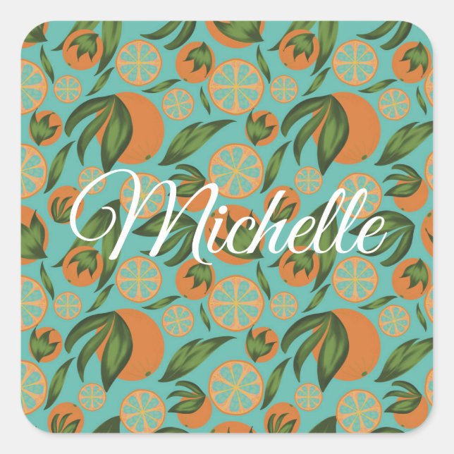 Watercolor Orange Turquoise Botanical Personalised Square Sticker (Front)
