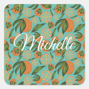 Watercolor Orange Turquoise Botanical Personalised Square Sticker