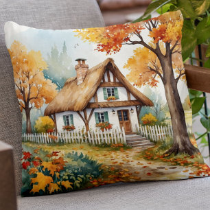 Watercolor Orange Yellow Autumn Cottage Garden Cushion