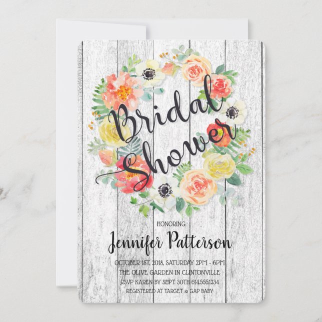 Watercolor Orange & Yellow Wreath Bridal Shower Invitation (Front)