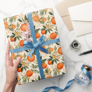 Watercolor Oranges & Blooming Branches Pattern Wrapping Paper