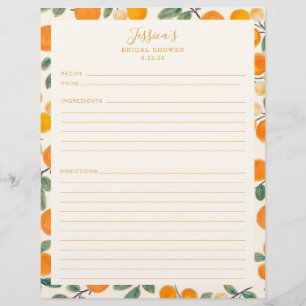 Watercolor Oranges Border Bridal Shower Recipe  Flyer