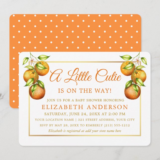 Watercolor Oranges Little Cutie Gold Shower Dots Invitation (Front/Back)