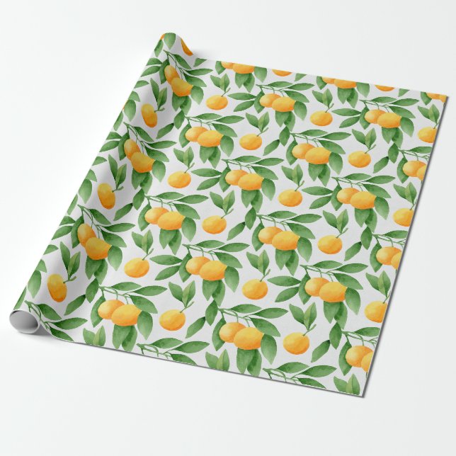 Watercolor oranges or tangerines pattern wrapping paper (Unrolled)