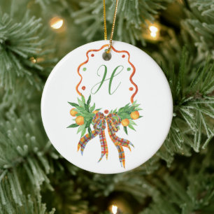 Watercolor Oranges Plaid Bow Christmas Monogram Ceramic Tree Decoration