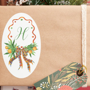 Watercolor Oranges Plaid Bow Christmas Monogram Oval Sticker