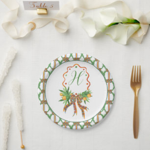 Watercolor Oranges Plaid Bow Christmas Monogram Paper Plate