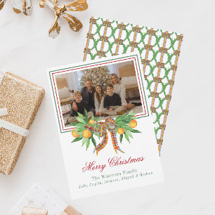 Watercolor Oranges Plaid Bow Garland Photo Holiday Card