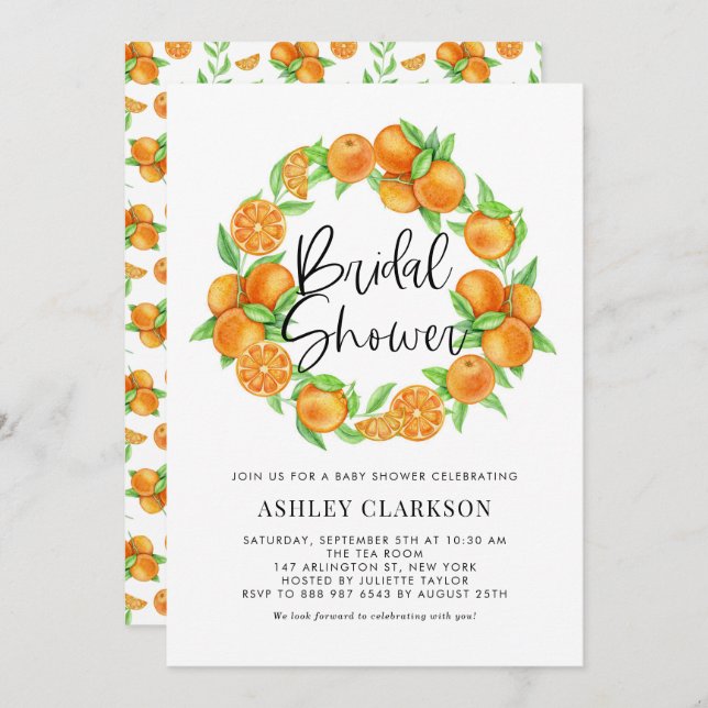 Watercolor Oranges Wreath Summer Bridal Shower Invitation (Front/Back)