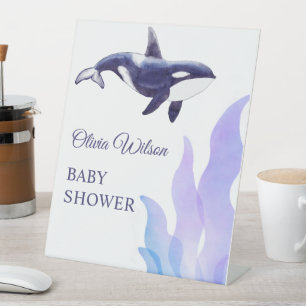 Watercolor Orca Whale Baby Shower Pedestal Sign
