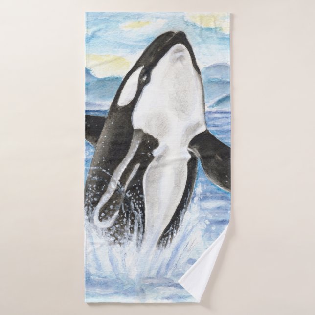 Watercolor Orca Whale Breaching Bath Towel Set (Bath Towel)