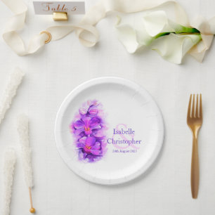 Watercolor orchid flower purple art paper plates