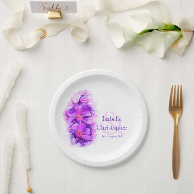 Watercolor orchid flower purple art paper plates (Wedding)
