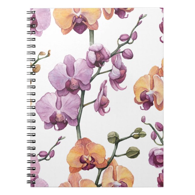 Watercolor orchid flowers, seamless pattern. notebook (Front)