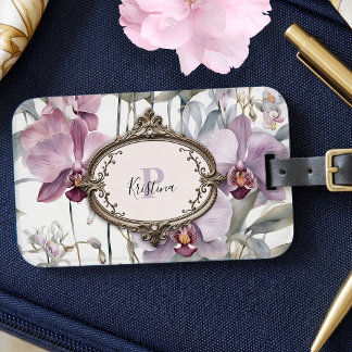 Watercolor Orchid Vintage Bronze Frame Monogram Luggage Tag