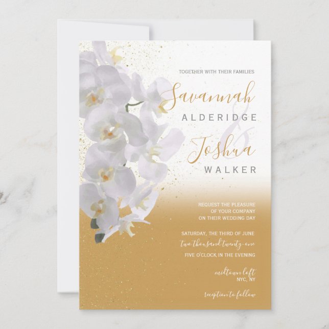 Watercolor Orchid Wedding Invitation I Gold (Front)