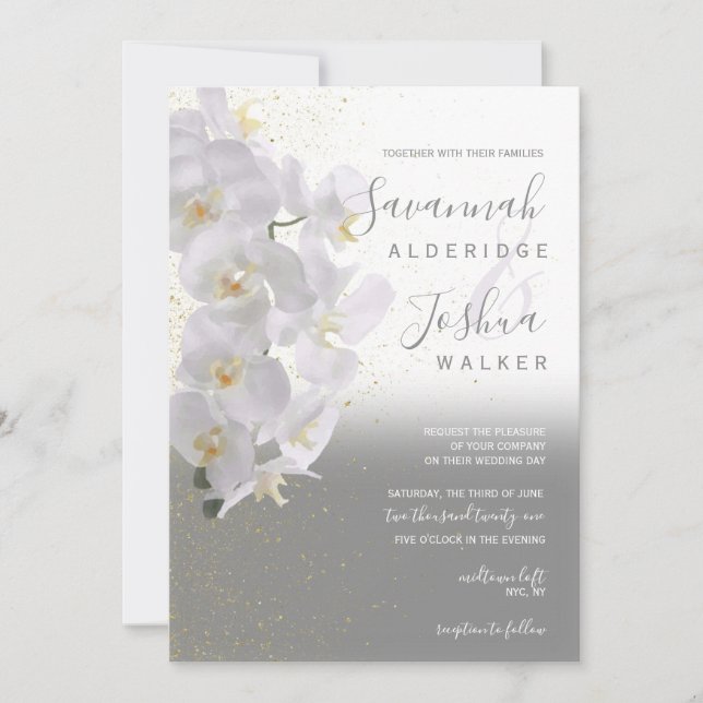 Watercolor Orchid Wedding Invitation I Grey (Front)