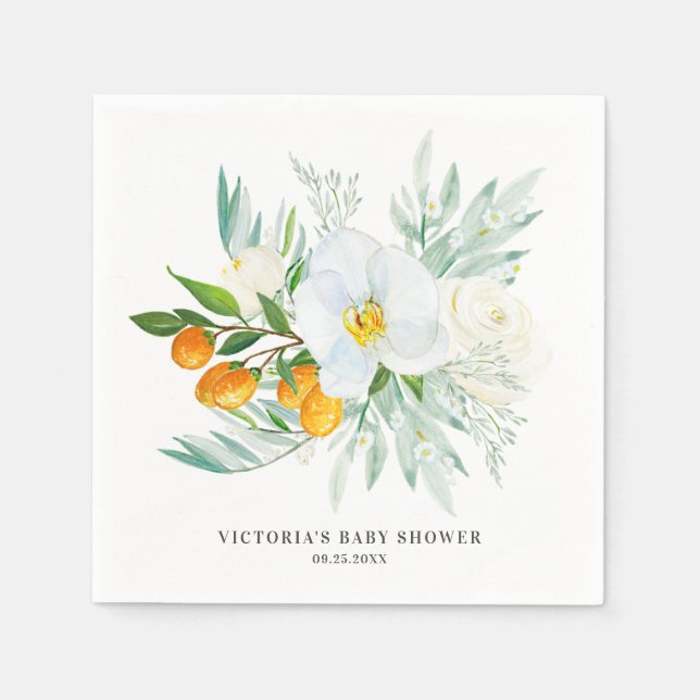 Watercolor Orchids and Kumquats Baby Shower Custom Napkin (Front)