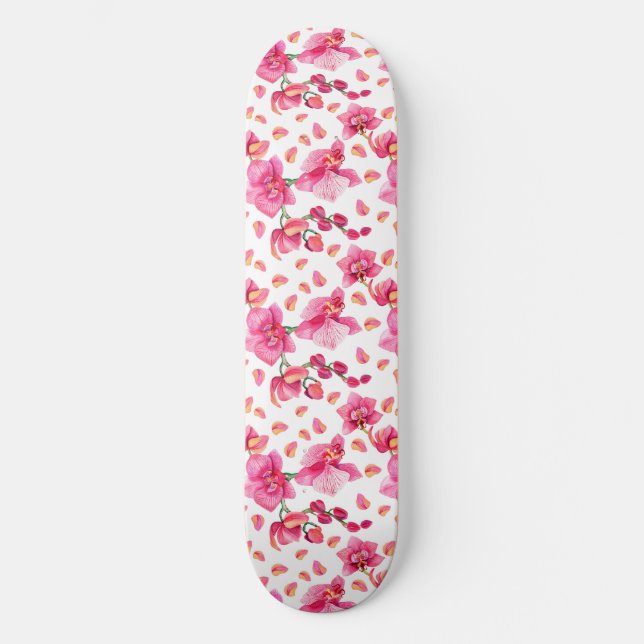 Watercolor Orchids Design 2  Skateboard (Front)