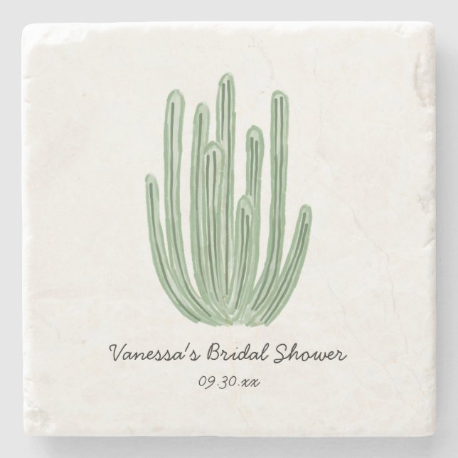 Watercolor Organ Pipe Cactus Bridal Shower Stone Coaster (Front)