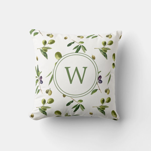 Watercolor Organic Olives Monogram Cushion (Front)