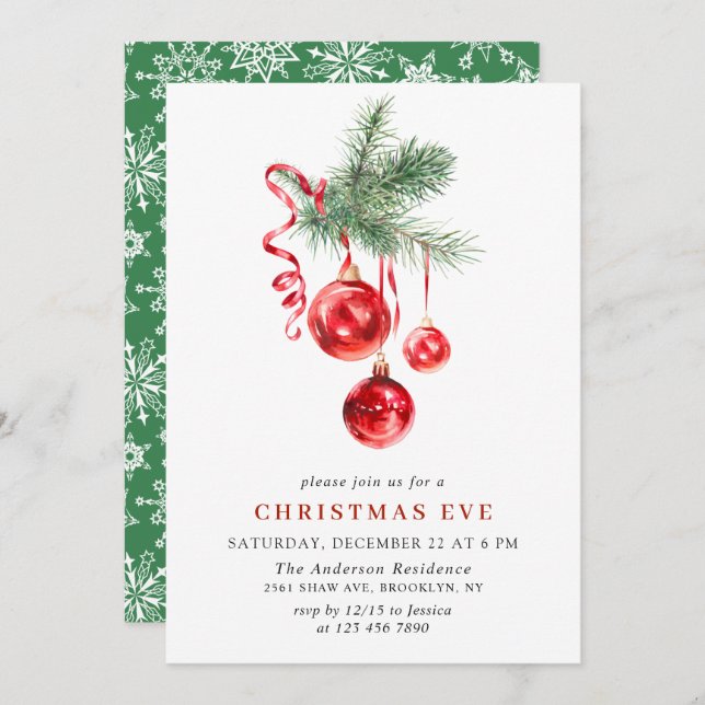 Watercolor Ornament Christmas Eve Holiday Party Invitation (Front/Back)