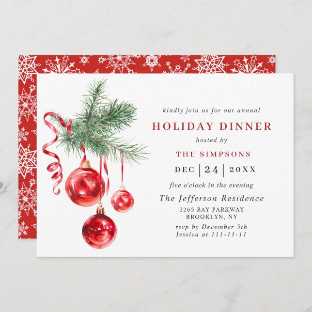 Watercolor Ornament CHRISTMAS HOLIDAY DINNER Invitation (Front/Back)