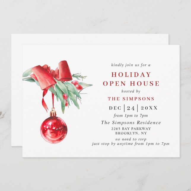 Watercolor Ornament CHRISTMAS HOLIDAY OPEN HOUSE Invitation (Front/Back)