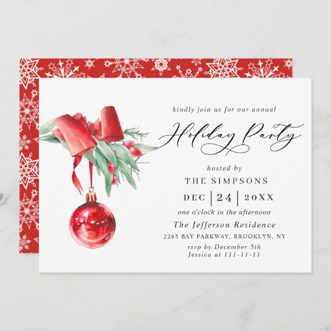 Watercolor Ornament Christmas Holiday Party Invitation (Front/Back)