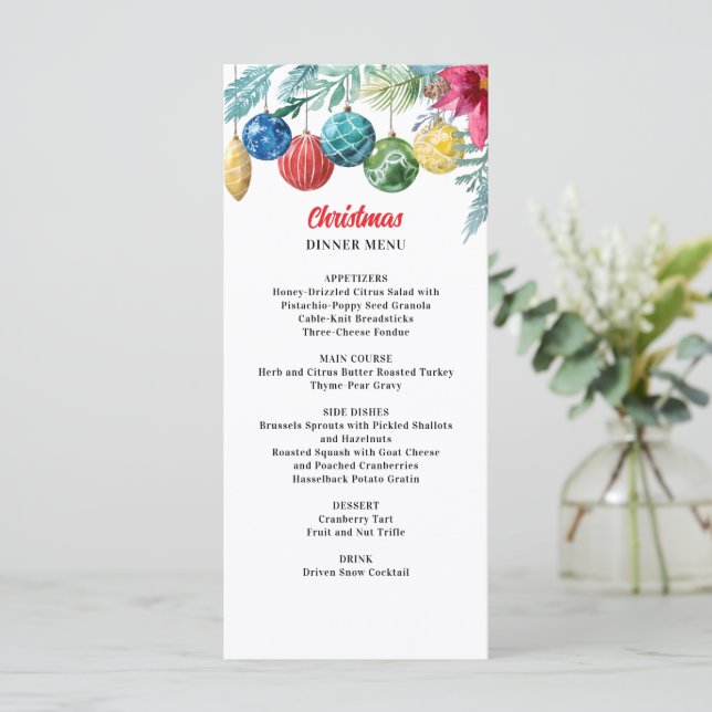Watercolor Ornament Exchange Christmas Party Menu (Standing Front)