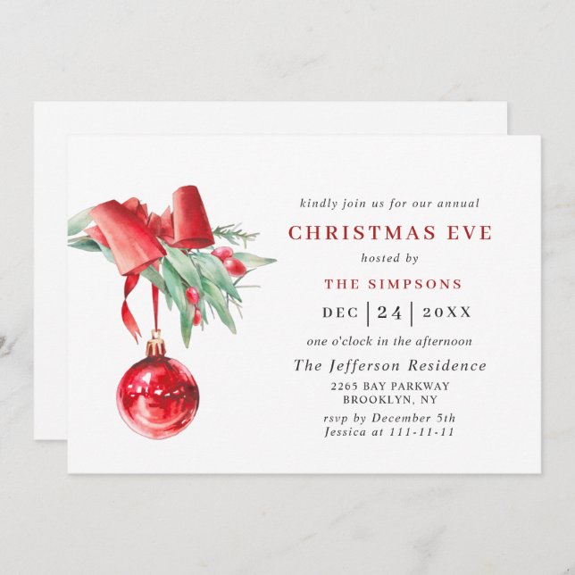 Watercolor Ornament Holiday CHRISTMAS EVE Invitation (Front/Back)