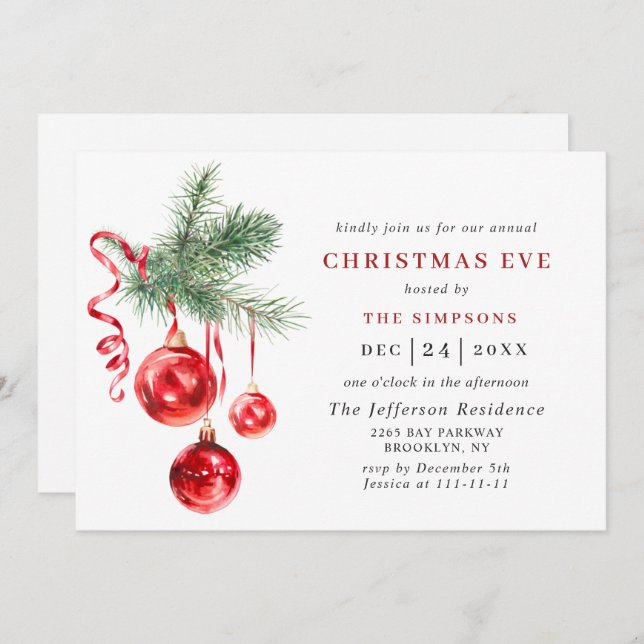 Watercolor Ornament Holiday CHRISTMAS EVE Invitation (Front/Back)
