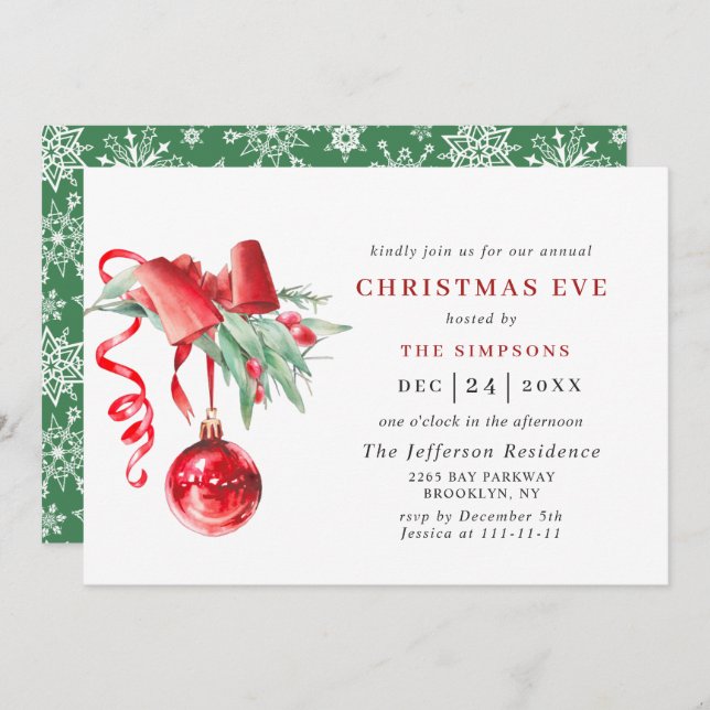 Watercolor Ornament Holiday CHRISTMAS EVE Invitation (Front/Back)