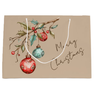 Watercolor Ornaments Beige Christmas Script Large Gift Bag
