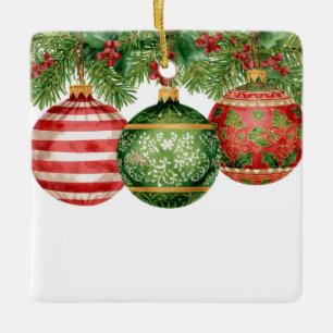 Watercolor Ornaments Pine Boughs Christmas