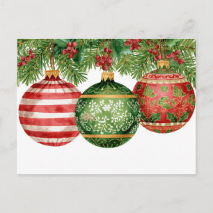Watercolor Ornaments Pine Boughs Christmas Holiday Postcard