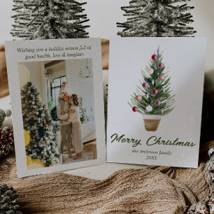 Watercolor Ornaments Tree Photo Merry Christmas Holiday Card