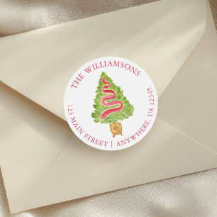 Watercolor Ornate Preppy Christmas Tree Address Classic Round Sticker