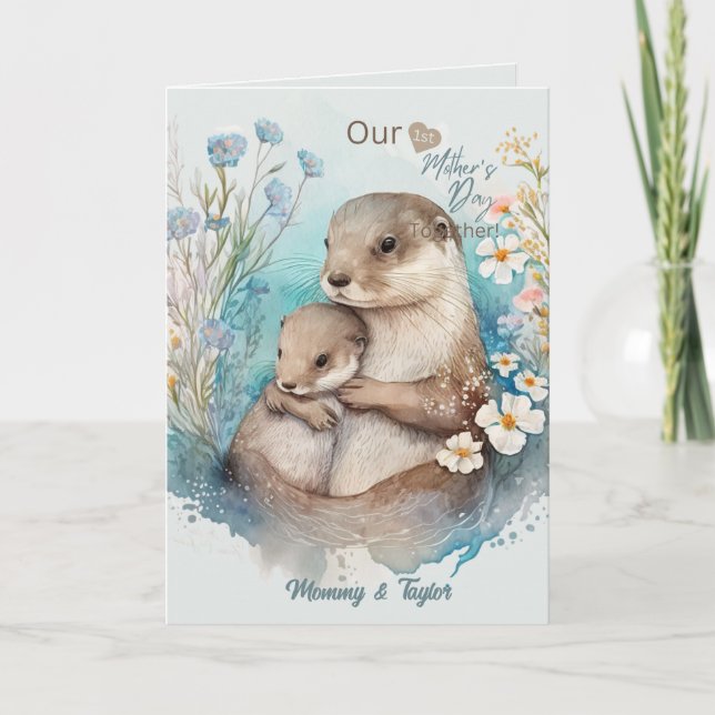  Watercolor Otter and Baby, first Mother's Day  Card (Front)