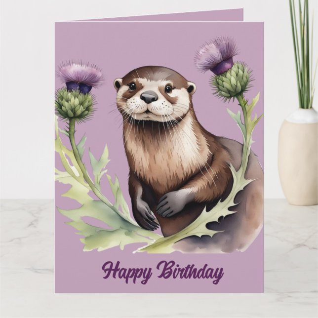 Watercolor Otter and Thistles Birthday Card (Front)