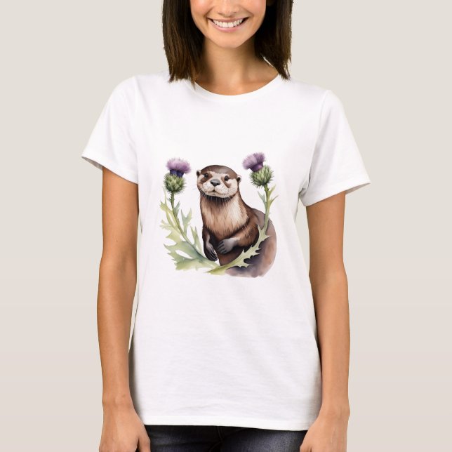 Watercolor Otter and Thistles T-Shirt (Front)