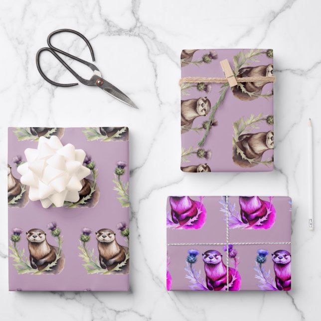 Watercolor Otter and Thistles Wrapping Paper Sheet (Front)