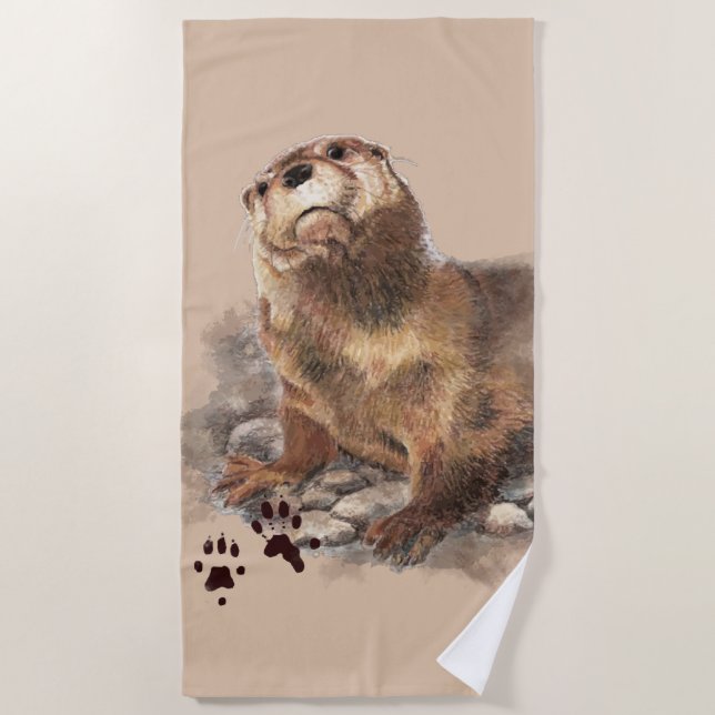 Watercolor Otter Animal Wildlife Art Beach Towel (Front)