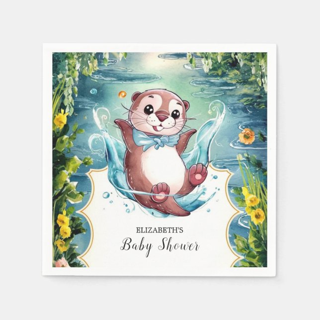 Watercolor Otter Baby Shower Napkin (Front)