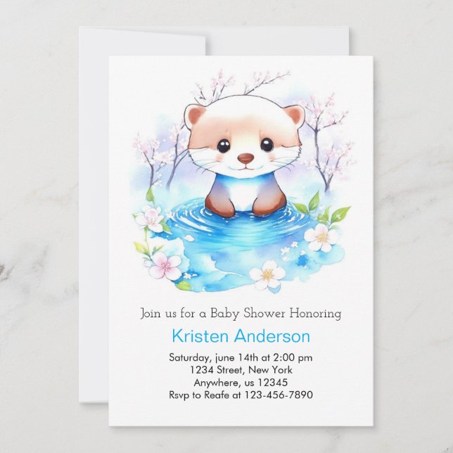 Watercolor Otter Blue Floral Boy Baby Shower Invitation (Front)