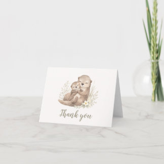 Watercolor Otter Family Botanical Baby Shower Thank You Card