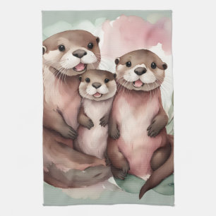 Watercolor Otter Family Tea Towel
