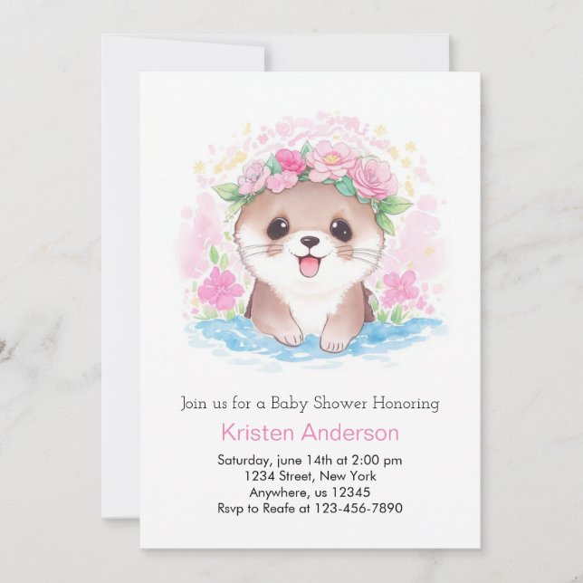 Watercolor Otter's Charm Girl Baby Shower Invitation (Front)