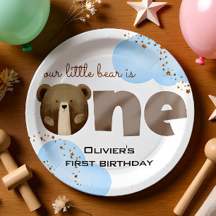Watercolor our little bear is one baby birthday paper plate